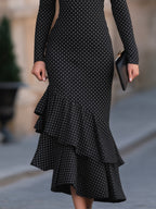 Polka Dot Mock Neck Ruffle Mermaid Maxi Dress