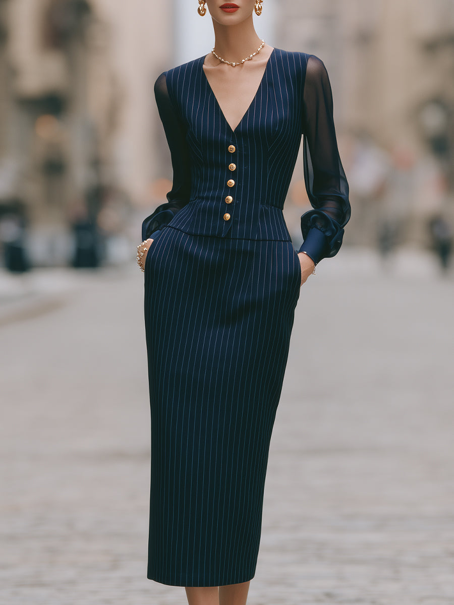 Pinstripe Sheer Sleeve Two-Piece Tailored Set