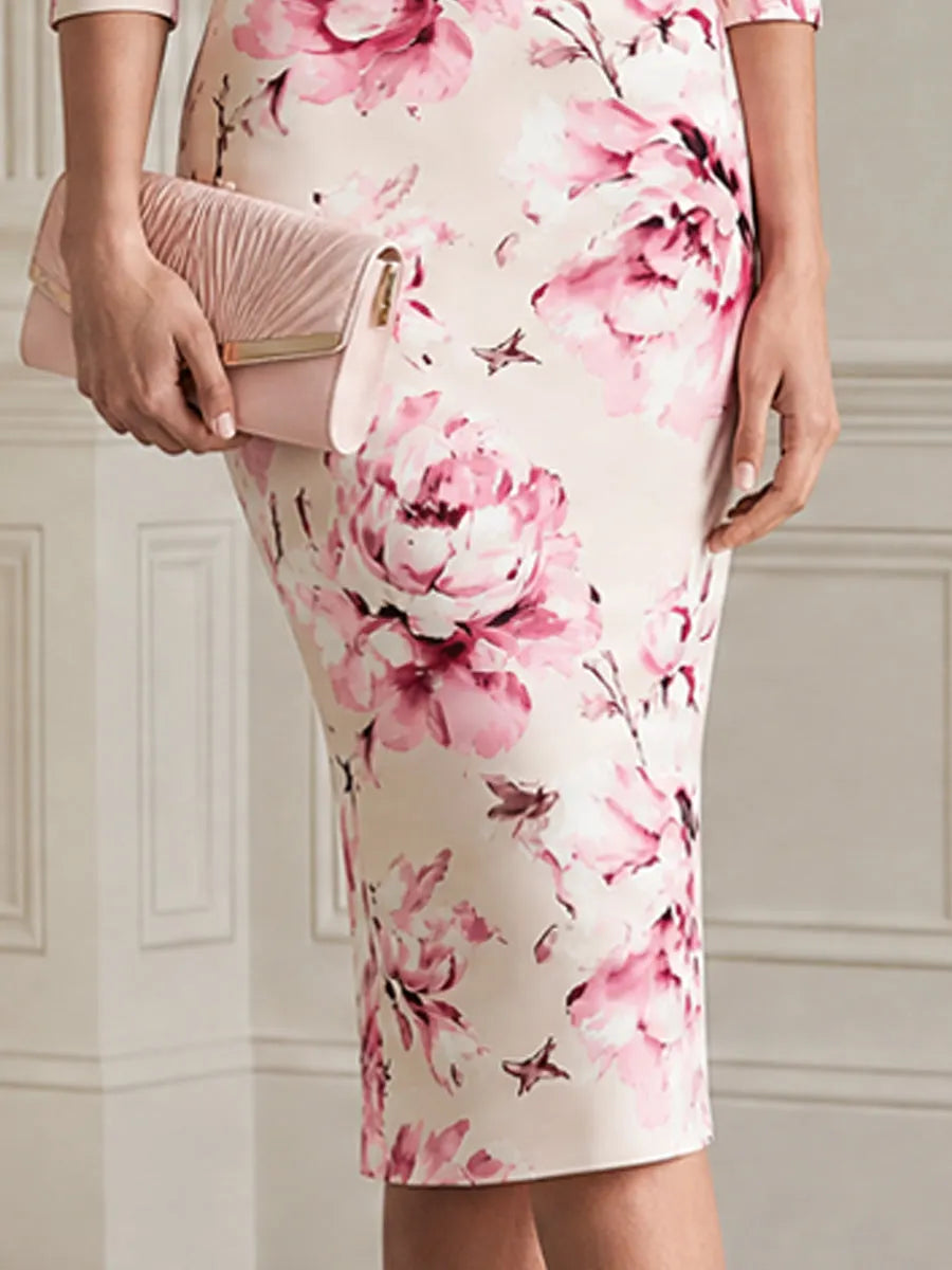 Elegant Pink Floral Cutout Neckline Bodycon Midi Dress