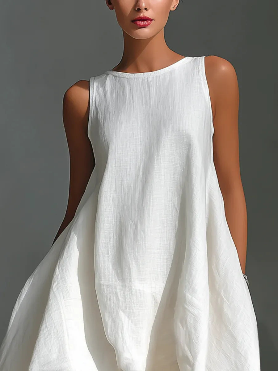 White Round Neck Sleeveless Midi Dress With Asymmetrical Hem