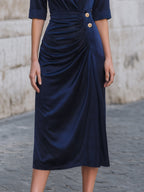 Lapel Ruched Satin Midi Dress
