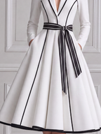 White Dress Contrast Trim Bow Belt A-Line Midi Dress