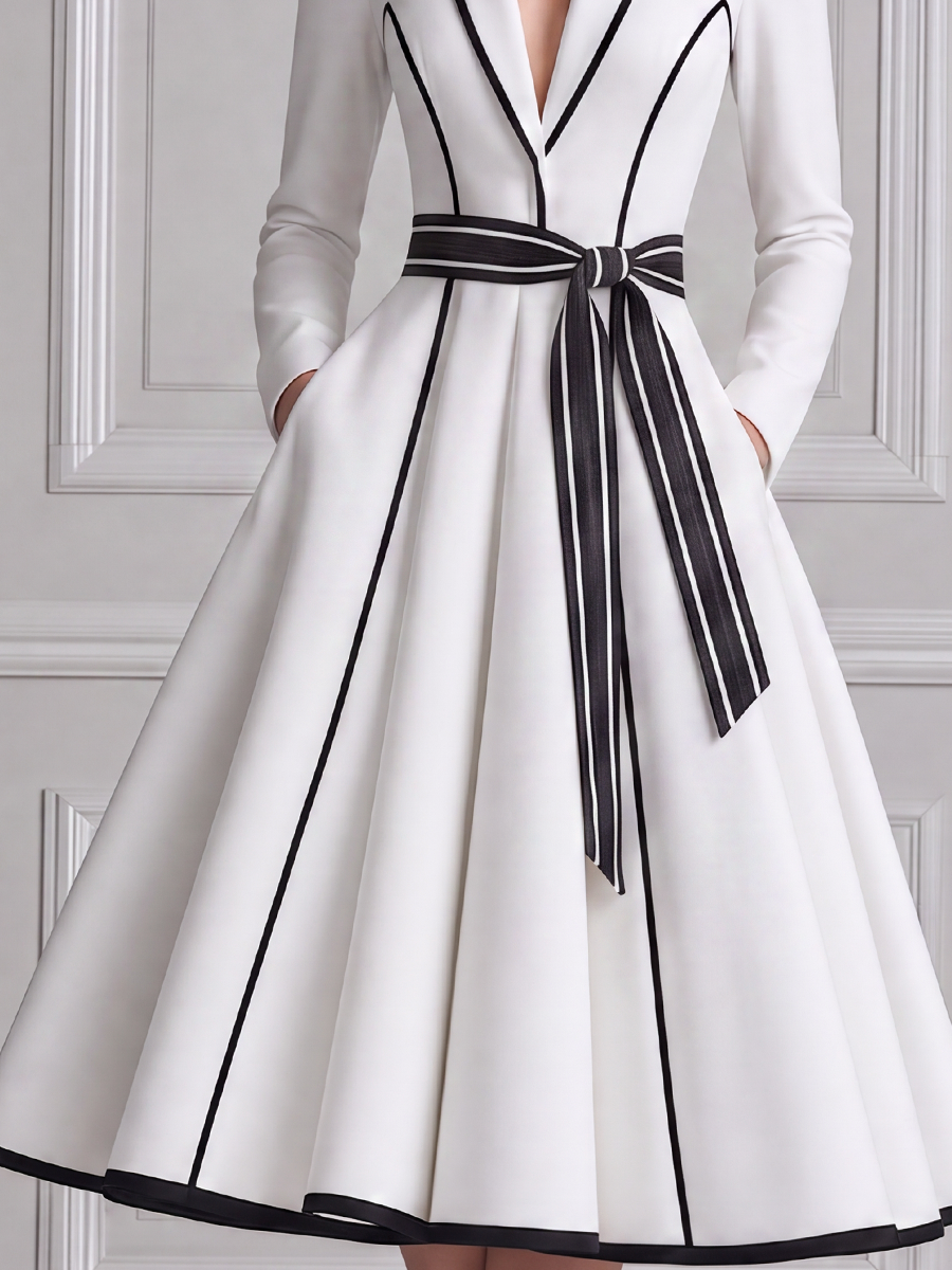 White Dress Contrast Trim Bow Belt A-Line Midi Dress