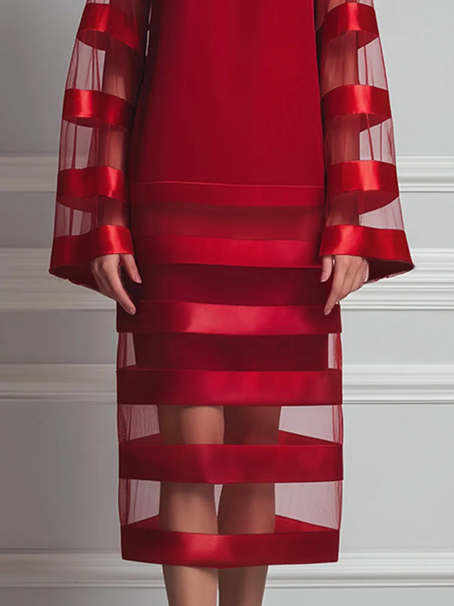 Bateau Neck Sheer Mesh Satin-Stripe Bell Sleeve Shift Midi Dress