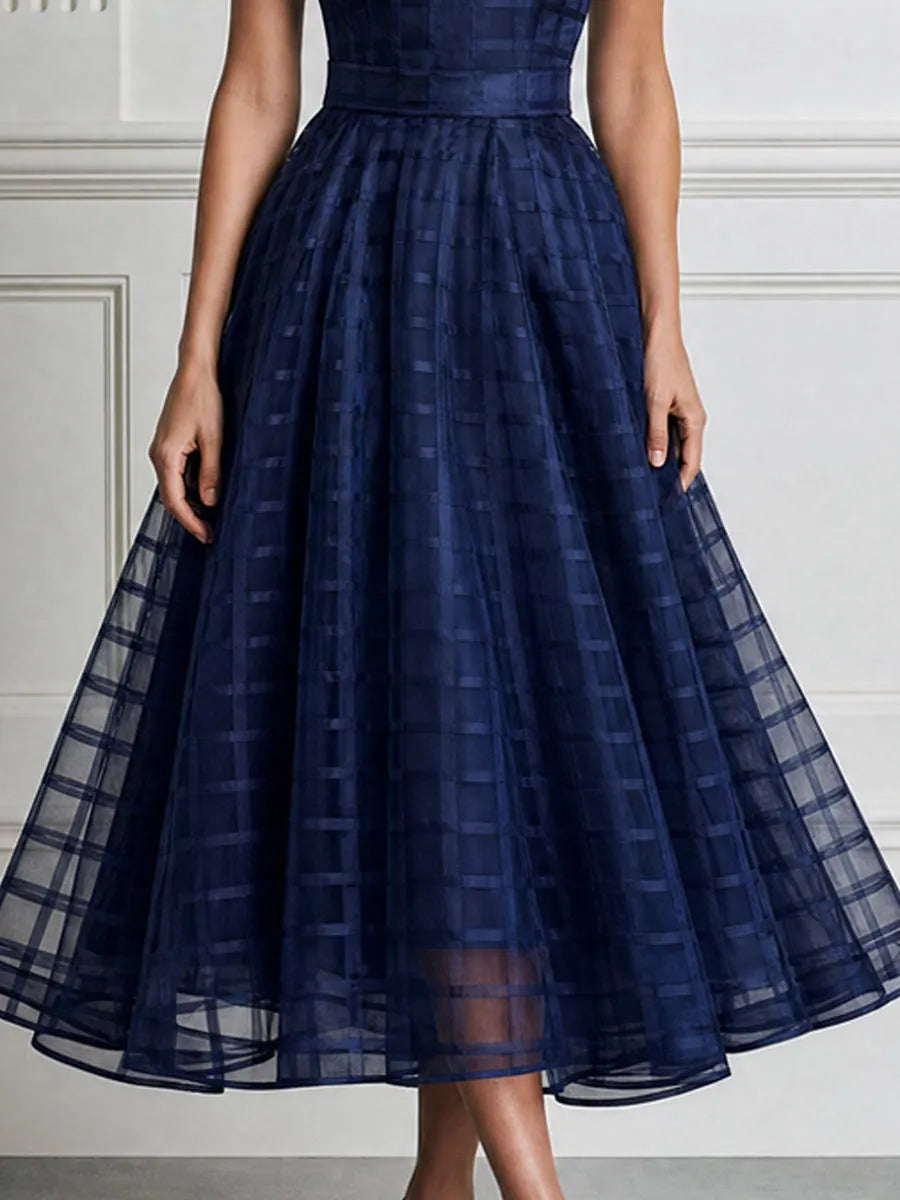 Elegant Checkered Mesh Sheer Sleeve A-Line Midi Dress