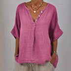 Women's Solid Color Button Linen V-neck Shirt
