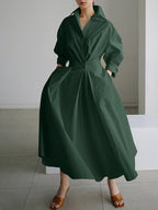 Women's Solid Pocket Button Lapel Long Sleeve Maxi Shirt Casual Dress