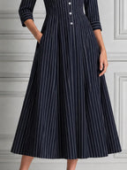 Navy Pinstripe Shirt Collar Button Front Pleated A-Line Midi Dress