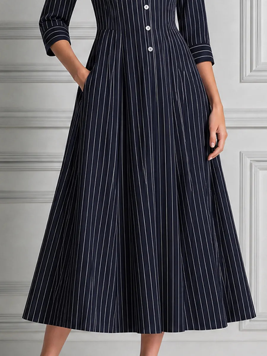 Navy Pinstripe Shirt Collar Button Front Pleated A-Line Midi Dress