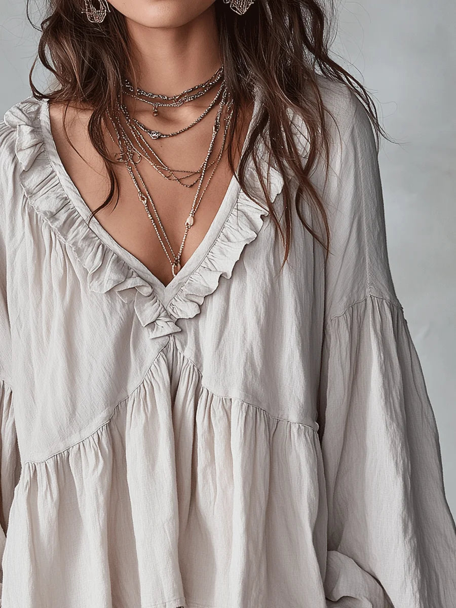 Women's Solid Color Retro Ruffled Casual Cotton Linen Shirt
