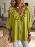 Women's Solid-color Ruffled V-neck 3/4-sleeve Casual Loose Cotton-linen Top