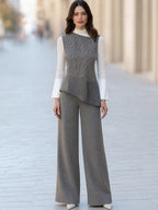 Grey Micro Check Vest Wide Leg Pants 3-Piece Business Suit Set