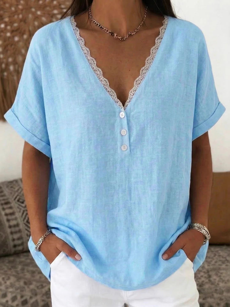 Women's Solid Color Lace V-neck Short Sleeve Linen Blend T-shirt