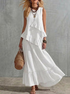 Women'S Sleeveless Round Neck Solid Color Cotton And Linen Dress