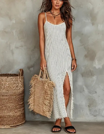 Women's Minimalist Pinstriped Frayed Edge SuspendersWith Slit Hem Maxi Dress