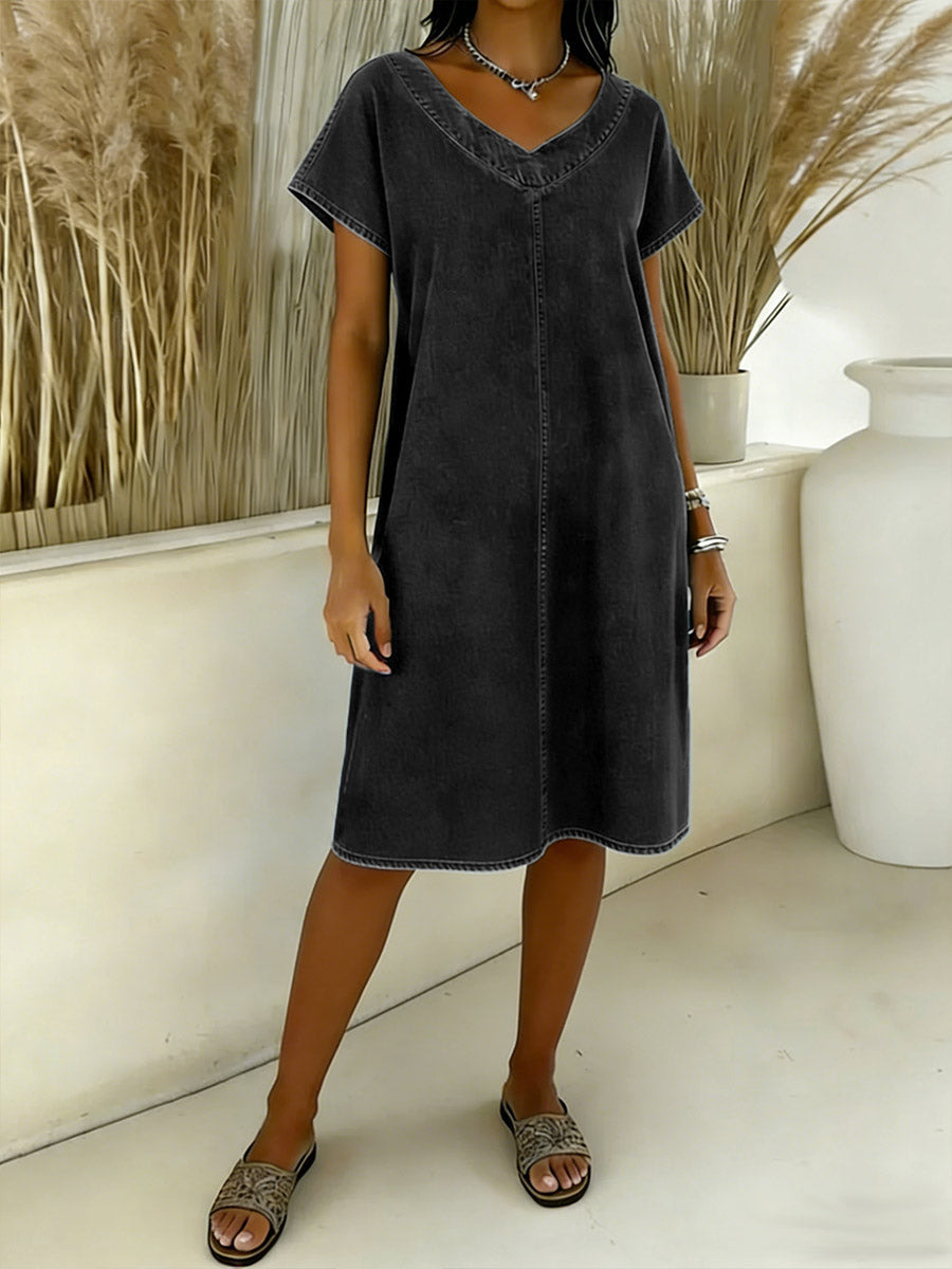 Women's V-neck Short-sleeved Casual Loose Denim Dress