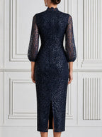Sequin Lace Mock Neck Sheer Sleeves Midi Dress