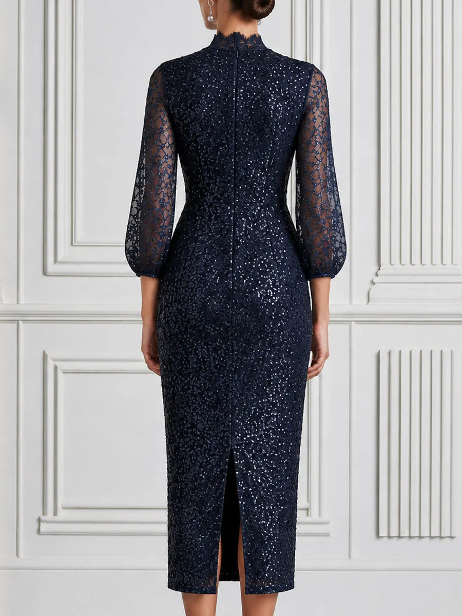 Sequin Lace Mock Neck Sheer Sleeves Midi Dress