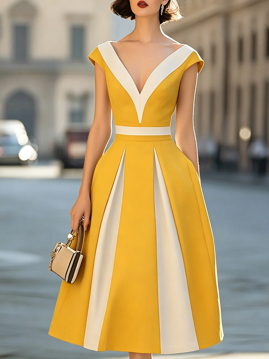 Women's V-neck Short-sleeve Casual Loose-fit Color-block Cotton-linen Dress