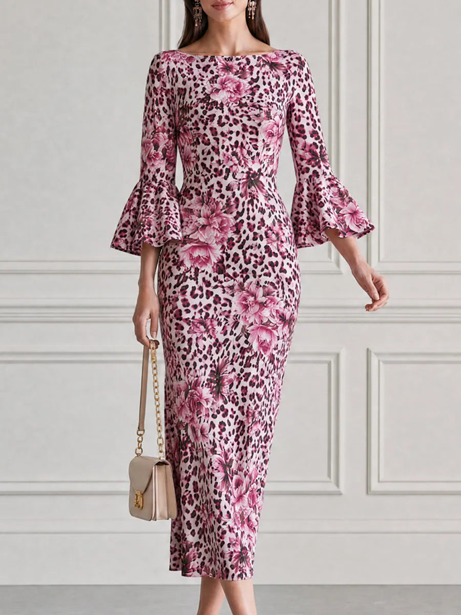 Pink Leopard & Peony Print Bell Sleeve Bodycon Midi Dress