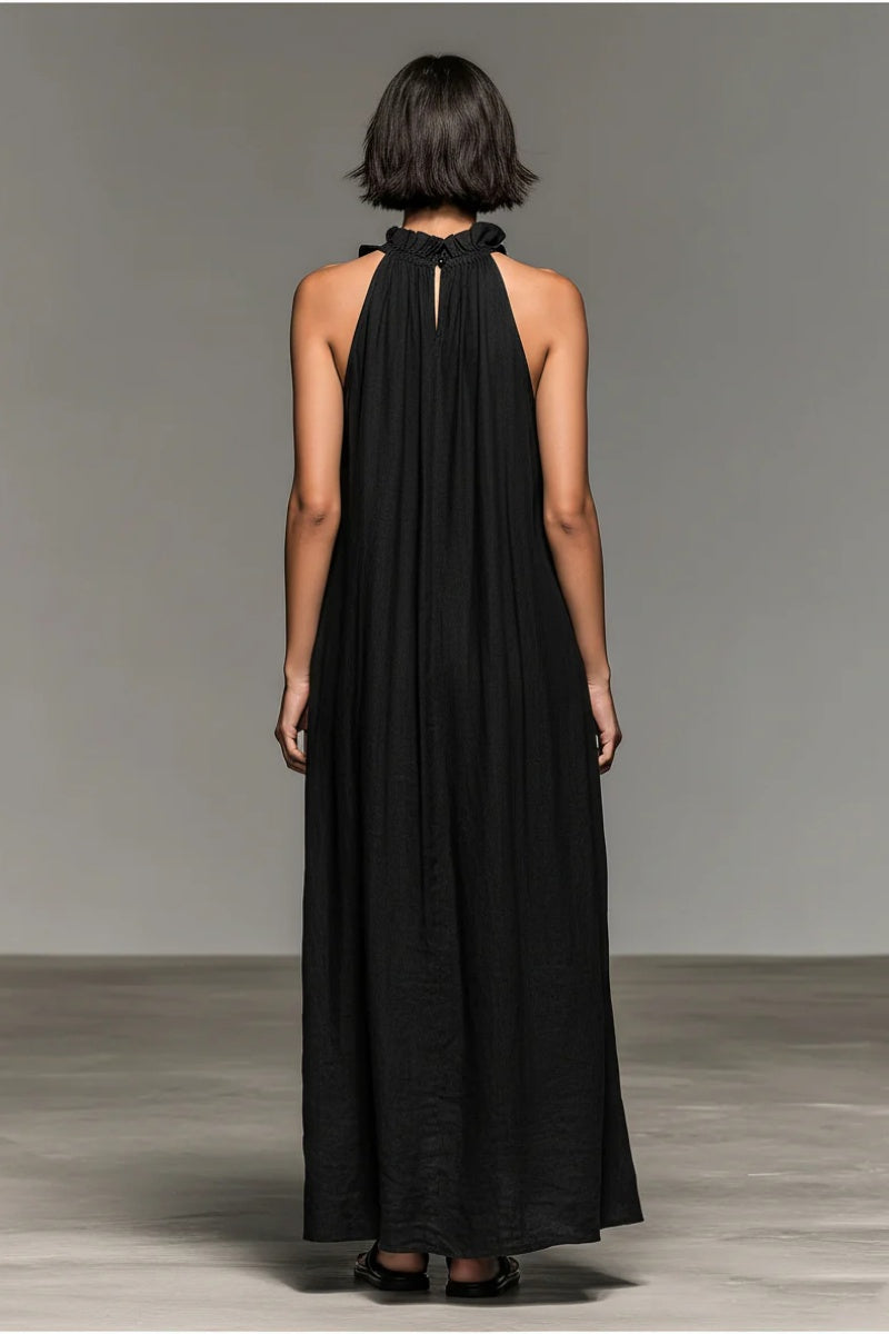 Women's Minimalist Linen-blend Sleeveless Maxi Dress With Ruffle Details