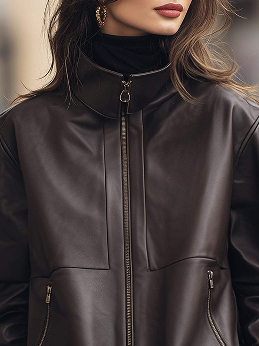 High-Neck Zip-Up Faux Leather Jacket