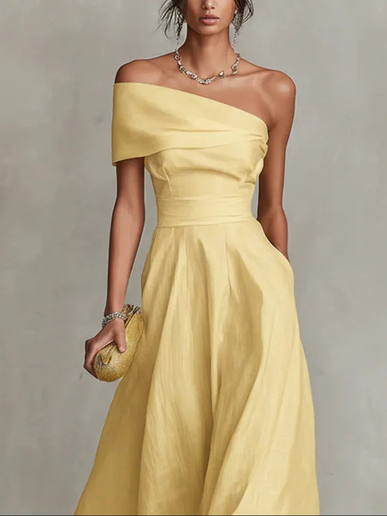 Elegant Yellow One-Shoulder Neckline Dress