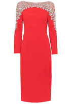 Long Sleeve Crystal Shoulder Midi Dress Red