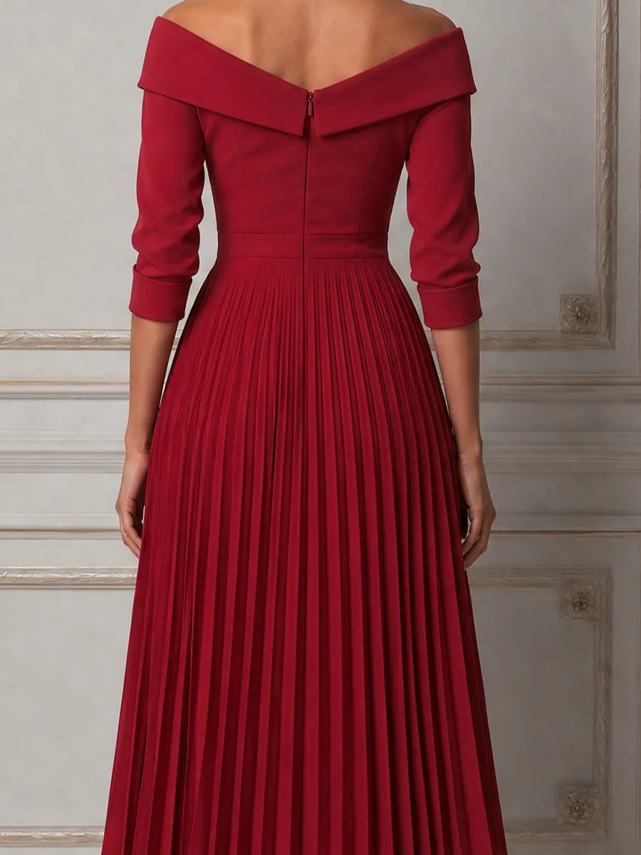 Red Dress Fall Wedding Guest Dress Off Shoulder Pleated Midi Dress