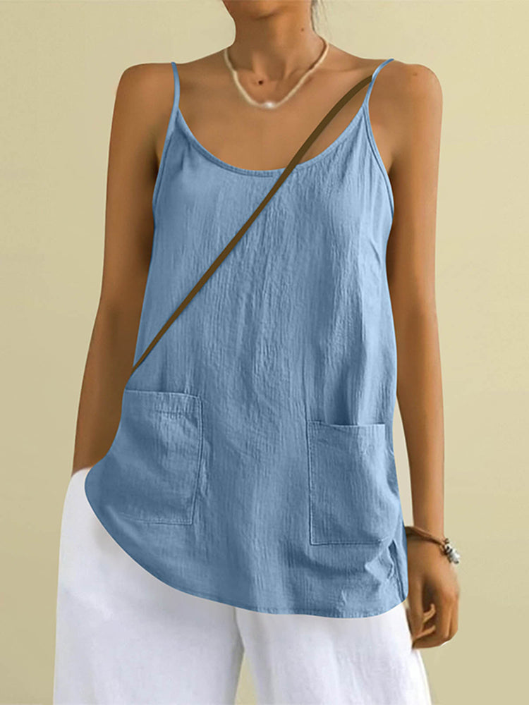 Women's Solid Color Sleeveless Linen Blend Pocket Camisole