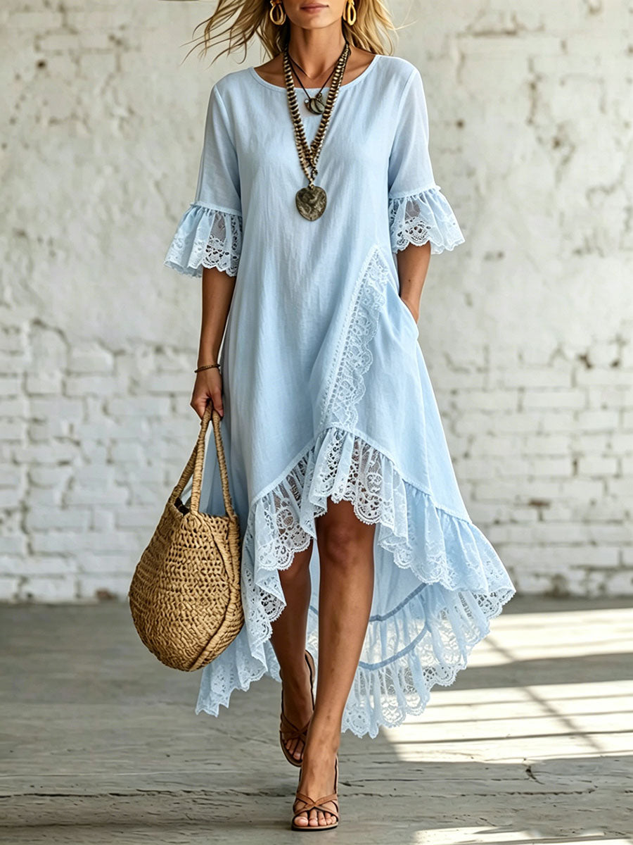Women's Casual Loose-fitting Round Neck Lace Linen And Cotton Short-sleeved Dress