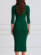 Ribbed Knit High Neck 3/4 Sleeve Midi Bodycon Dress