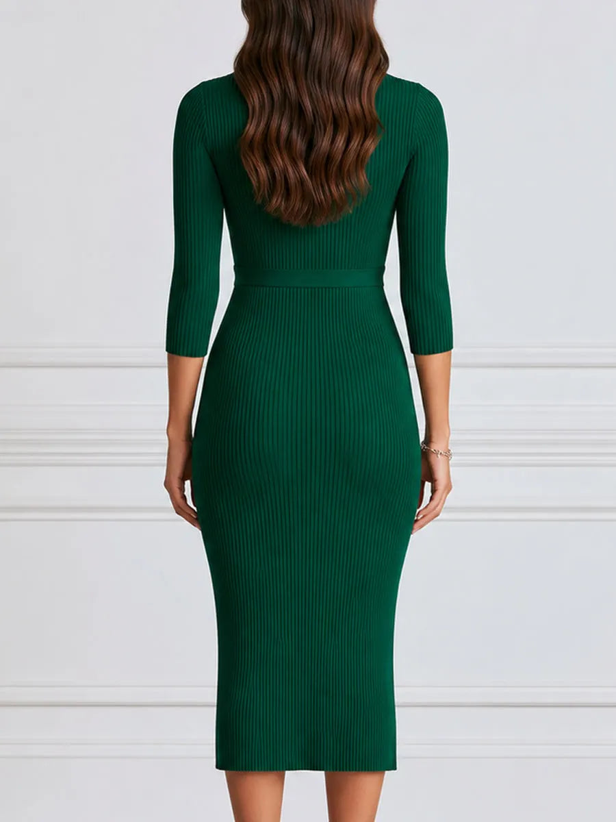 Ribbed Knit High Neck 3/4 Sleeve Midi Bodycon Dress