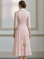 Tweed Shawl-Collar Jacket & Floral Chiffon Midi Skirt Set