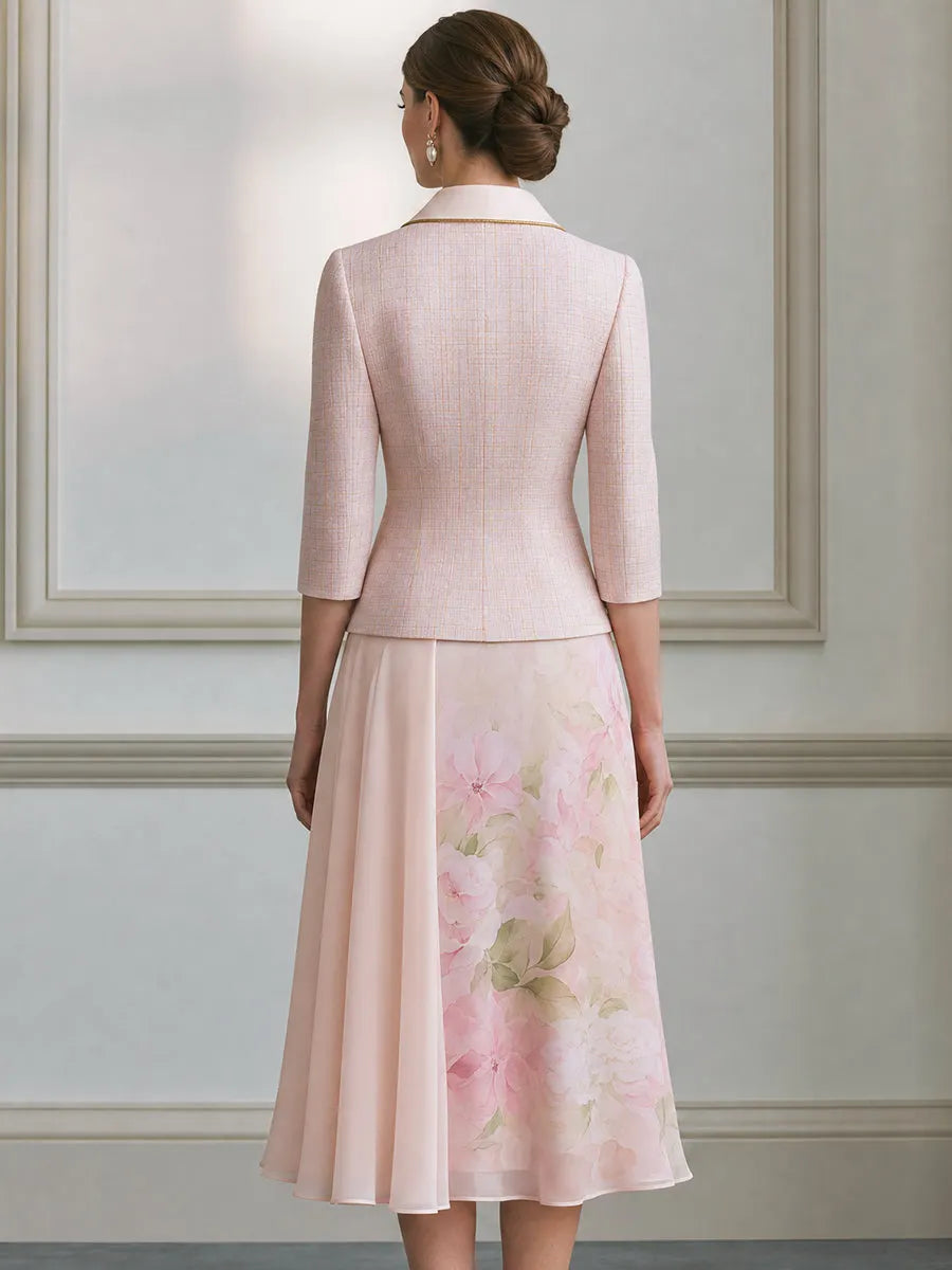 Tweed Shawl-Collar Jacket & Floral Chiffon Midi Skirt Set