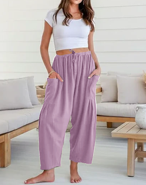 Womens Linen Wide Leg Pants Casual Loose Beach Palazzo Harem Pants with Pockets Summer Outfit