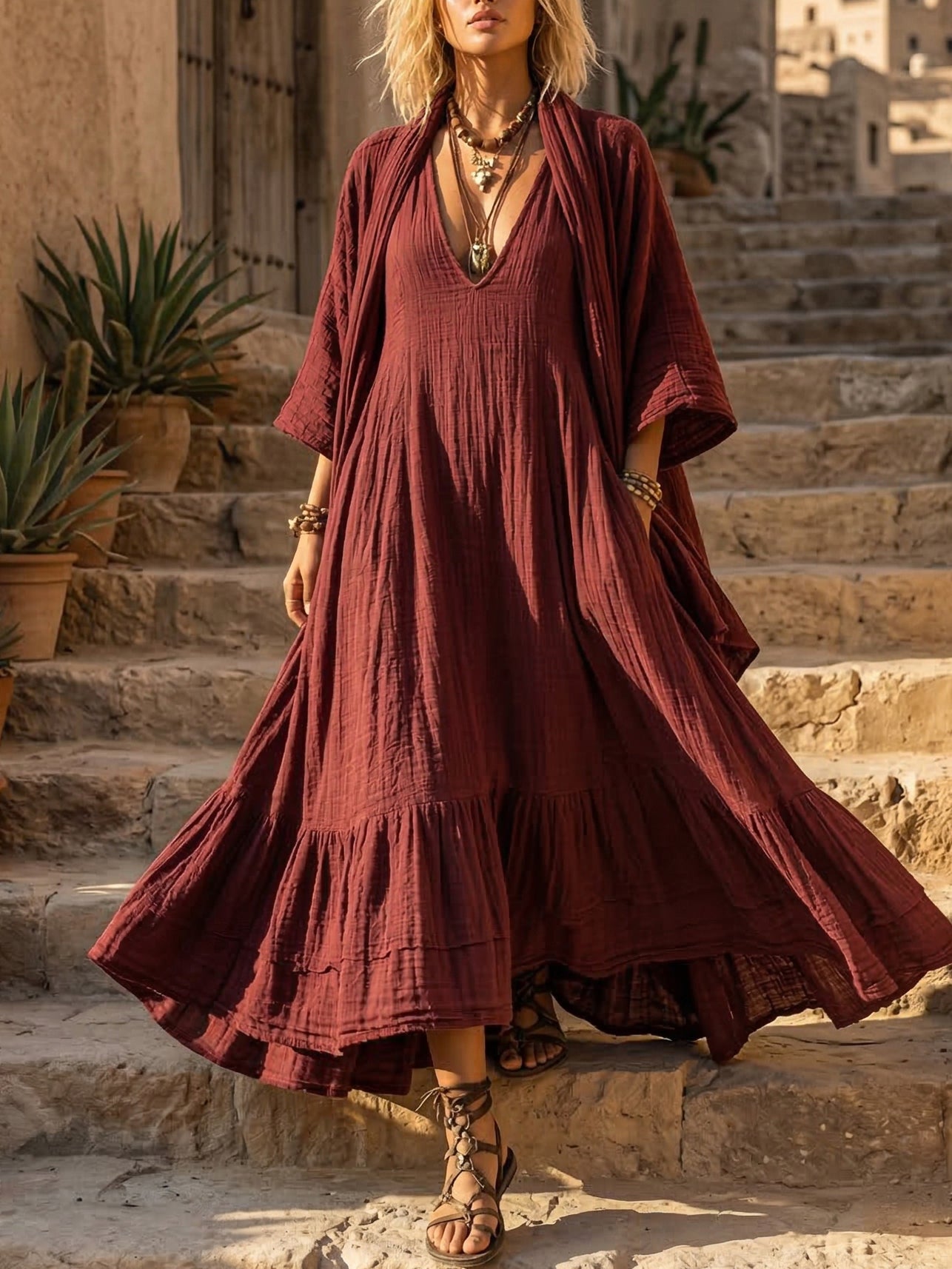 Bohemian Romantic Dress Cardigan Cotton Linen Two-piece Set