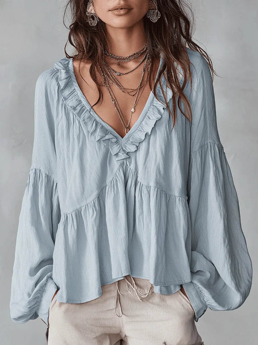 Women's Solid Color Retro Ruffled Casual Cotton Linen Shirt