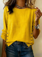 Women's Solid Color Round Neck Long-sleeved Casual Loose Cotton And Linen Top