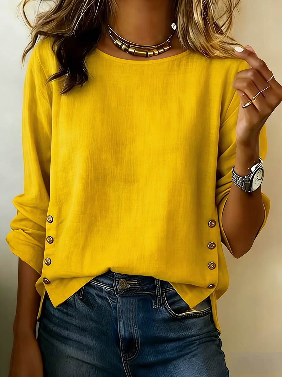 Women's Solid Color Round Neck Long-sleeved Casual Loose Cotton And Linen Top