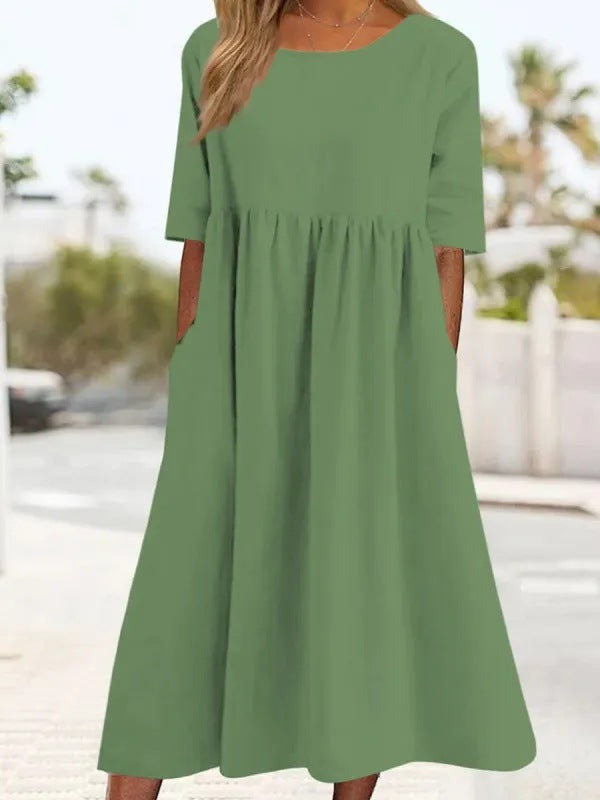 2025 spring and summer new round neck 5-quarter sleeve large size loose long cotton and linen dress
