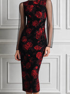 Black Red Rose Print Sheer Sleeve Pencil Midi Dress
