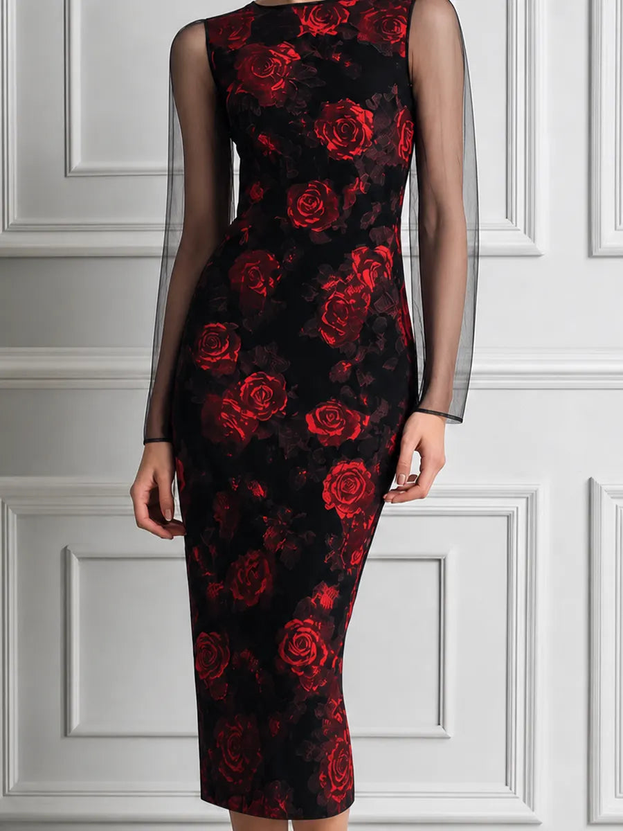 Black Red Rose Print Sheer Sleeve Pencil Midi Dress