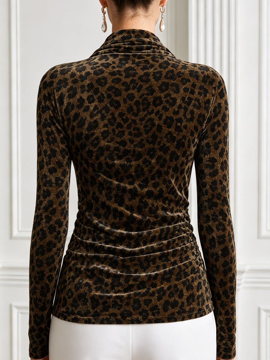 Leopard Print Velvet Cowl Neck Ruched Long Sleeve Top