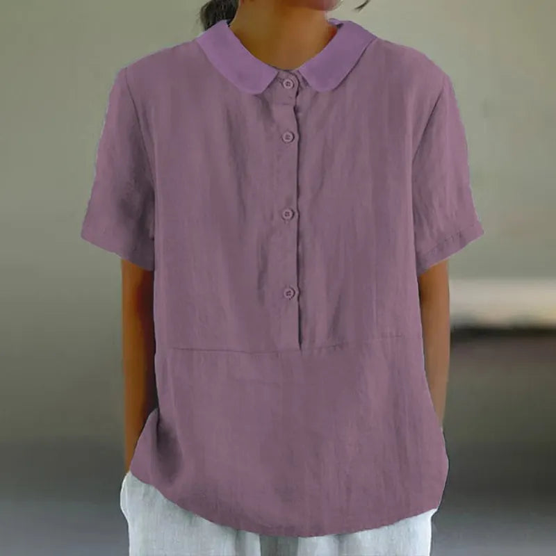 Solid Color Cotton And Linen Lapel Short Sleeved Casual Blouse