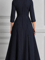 Navy Pinstripe Shirt Collar Button Front Pleated A-Line Midi Dress