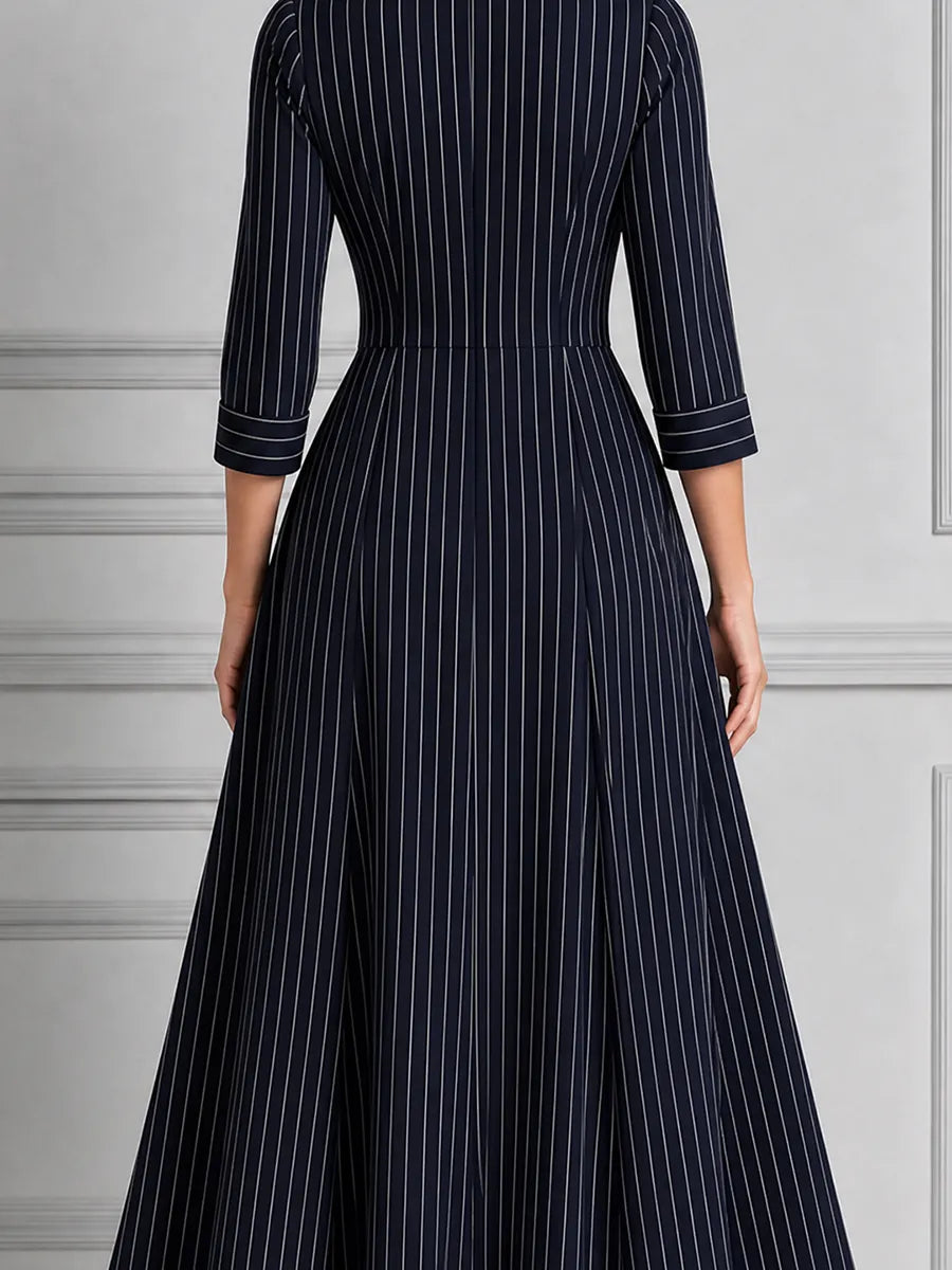 Navy Pinstripe Shirt Collar Button Front Pleated A-Line Midi Dress
