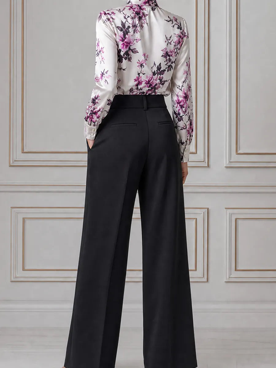 White Floral Satin Blouse & Black Wide Leg Pants Set