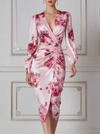 Pink Floral Dress Fall Wedding Guest Dress Satin Wrap Midi Dress