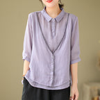 Women's Embroidery Button Down Cotton Linen Casual Shirt